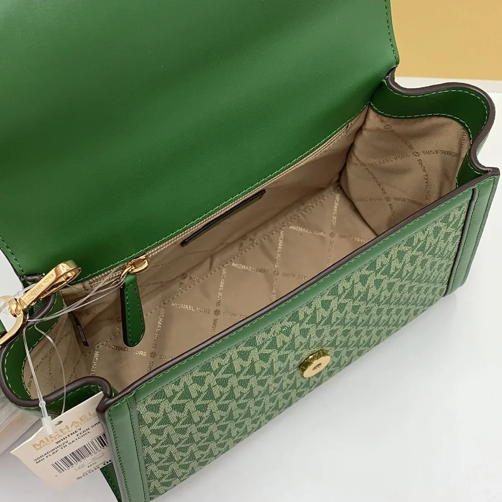 MICHAEL KORS Whitney Medium Flap Top Handle Satchel Fern Green signature color